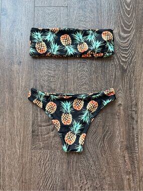 Zaful Pineapple Print Bandeau Bikini Set - Black with Green & Yellow Pineapples
